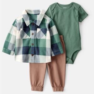 Carter's Green Plaid Jacket, Green Bodysuit & Brown Pants Set